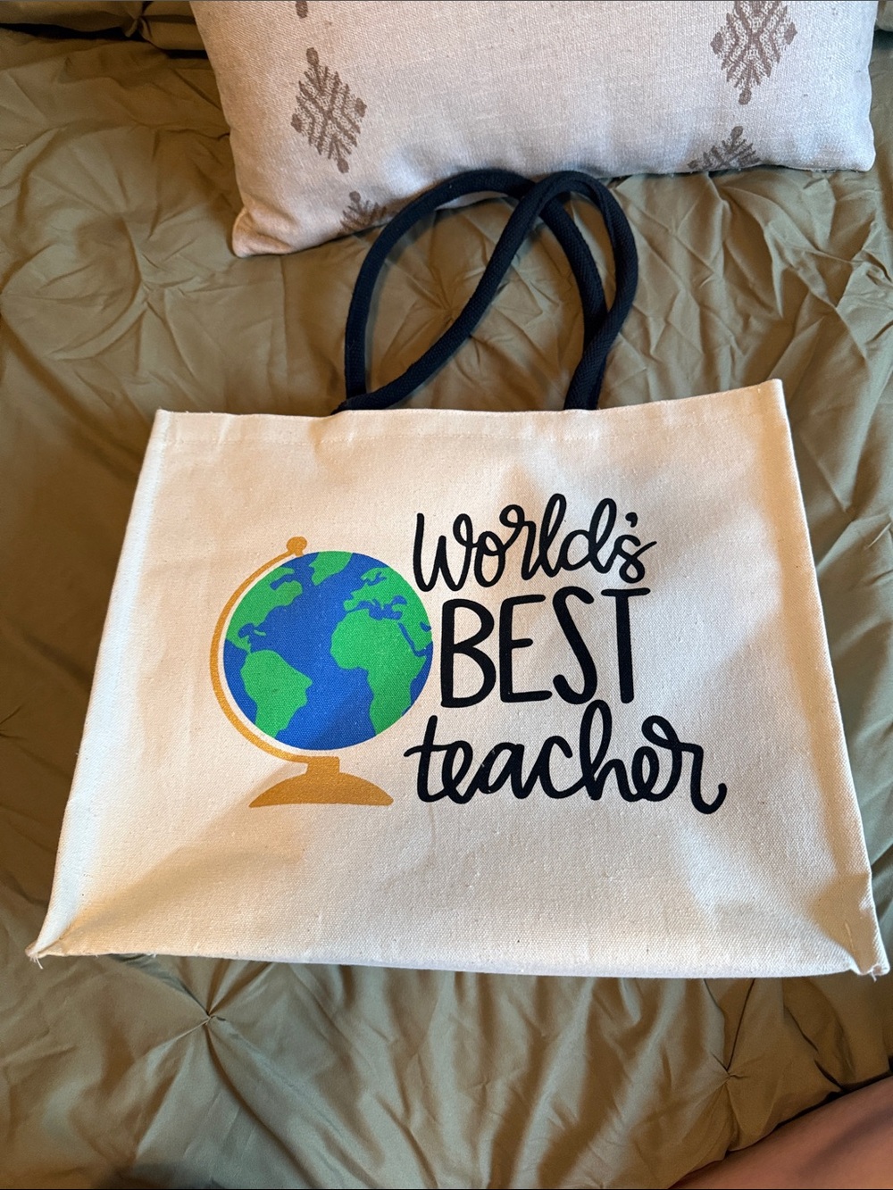 World's Best Teacher Canvas Tote Bag - Cream with Blue/Green Globe